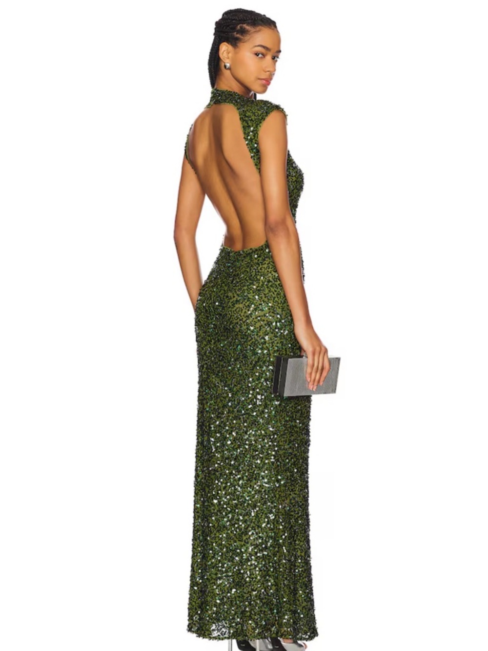 Camila Coelho Olive Green Sequined Open-Back Evening Gown